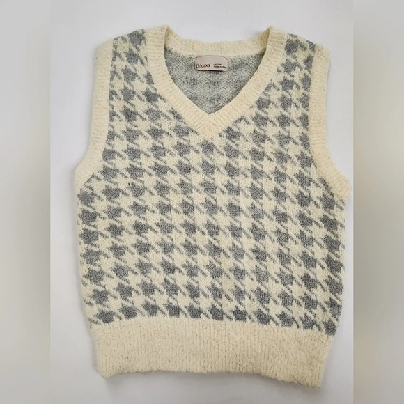Bêcool Womens Houndstooth Cream/Grey "V" Sweater Vest Preppy School Girl, sz S/M - Picture 1 of 16